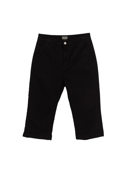 Casual Slim-Fit Capri Pants IU525 Black flat-lay front showing full capri length, silver button, belt loops, side pockets, and brand label