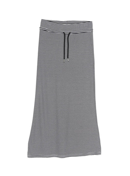 Casual Striped Drawstring Maxi Skirt IU525 White flat-lay showing full skirt with black drawstring tie against white background