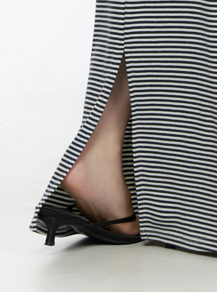 Casual Striped Drawstring Maxi Skirt IU525 White close-up detail of back hem slit showing stripe texture and model wearing black kitten heel mules