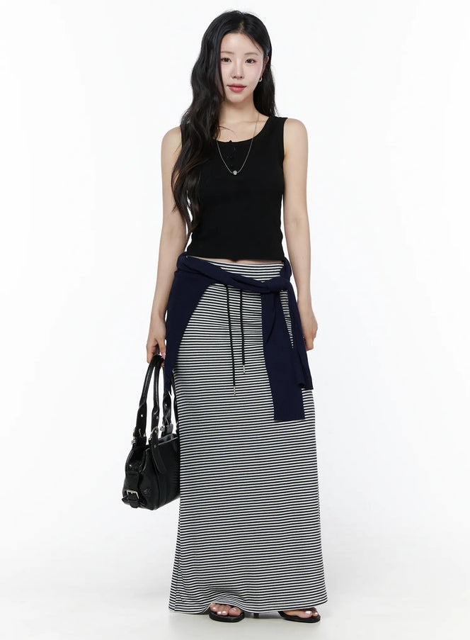 Casual Striped Drawstring Maxi Skirt IU525 White full-length front shot on model styled with black tank top, navy cardigan tied at waist and black bag