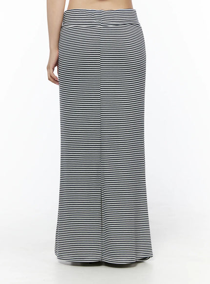 Casual Striped Drawstring Maxi Skirt IU525 White back close-up on model showing center seam and back slit with no drawstring visible from behind