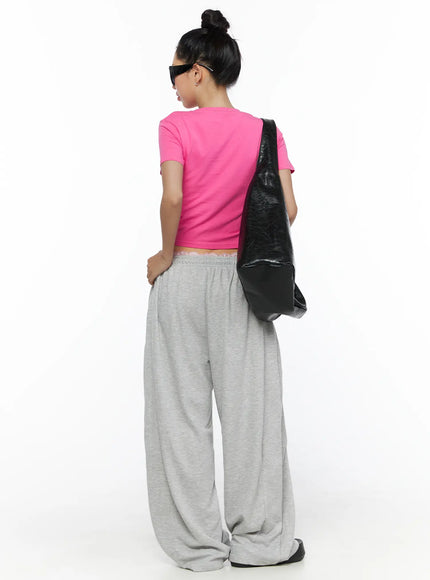 Casual Wide Leg Sweatpants CL513 Gray back view on model showing rear silhouette elastic waistband and relaxed wide leg draped fabric