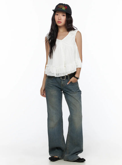 Cedar Vintage Wash Low-Rise Straight Jeans CL510 blue denim front full-body shot on model wearing white ruffle sleeveless top and black embroidered cap, standing straight