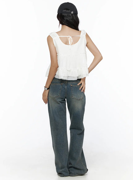 Cedar Vintage Wash Low-Rise Straight Jeans CL510 blue denim back full-length shot on model showing back pockets, wide-leg flare and ruffle top back tie detail
