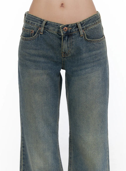 Cedar Vintage Wash Low-Rise Straight Jeans CL510 blue denim close-up front detail shot showing low-rise V-waistband, copper button, front pockets and faded wash texture