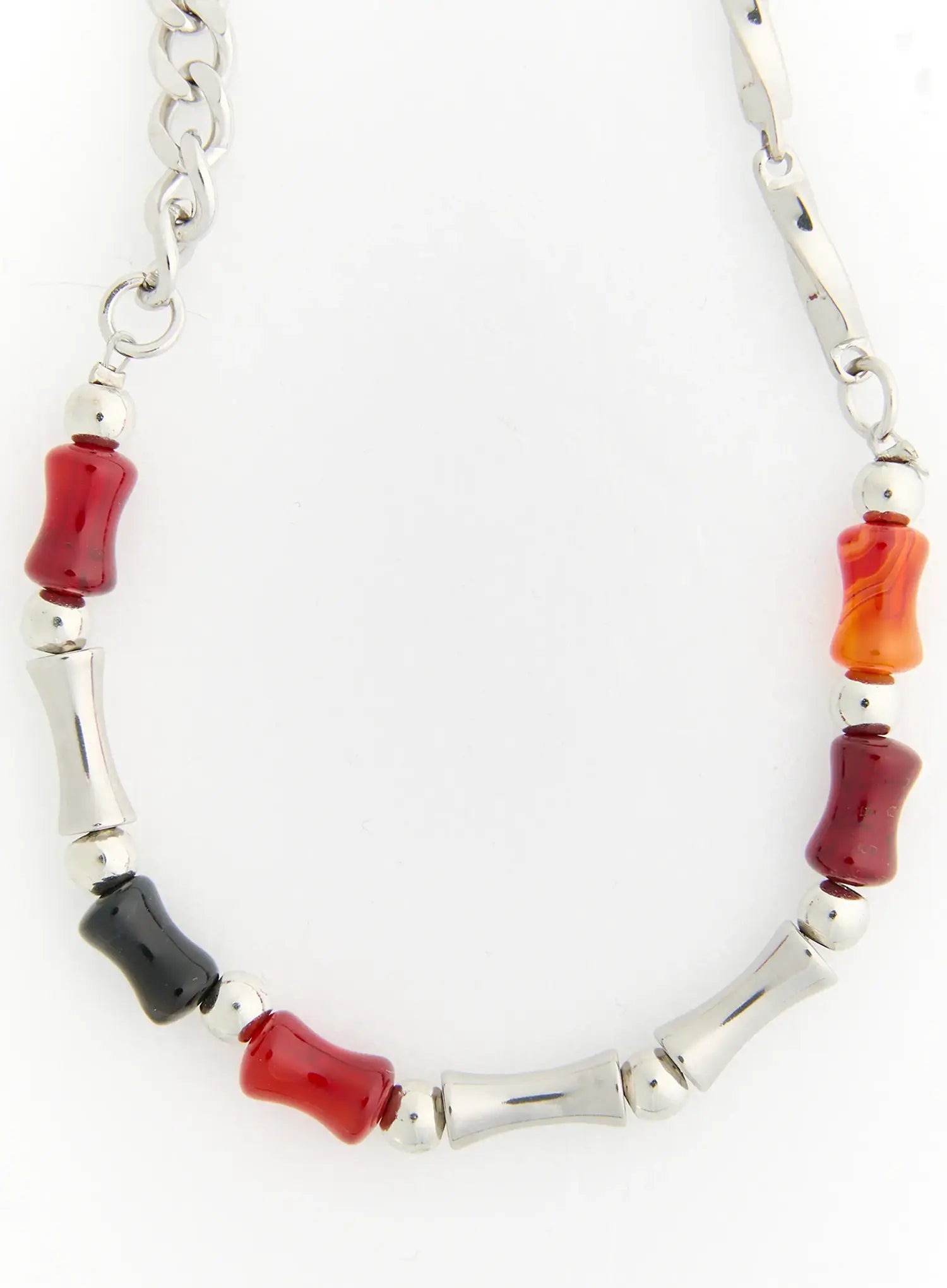 Celeste Link Necklace IL517 silver flat product shot showing full necklace with mixed red carnelian black and orange stone beads alternating with silver bamboo bar links