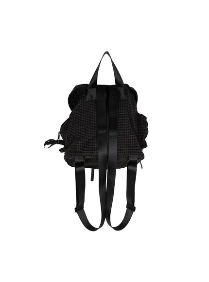 Checked Ribbon Backpack CL517 Black back flat view showing black grid check fabric black satin shoulder straps top handle and side zip detail