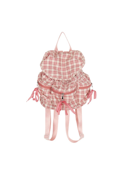 Checked Ribbon Backpack CL517 Pink front flat view on white background showing ruffle flap dual zip pockets gingham bows and pink shoulder straps