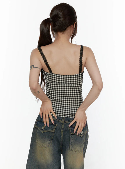 Checkered Lace Trim Tank CL508 White back view on model showing black lace spaghetti straps and straight back panel of gingham crop cami styled with jeans