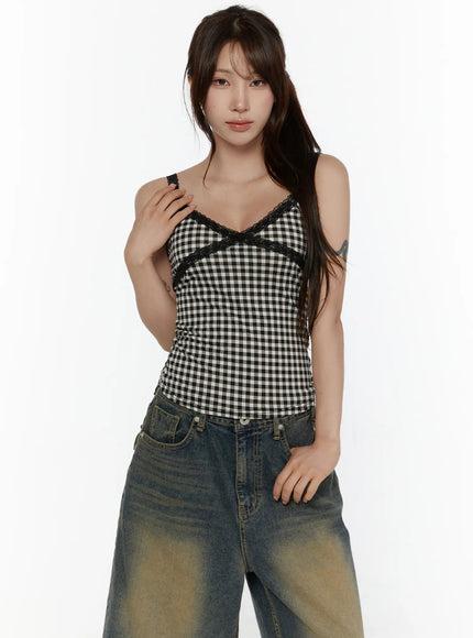 Checkered Lace Trim Tank CL508 White close-up front on model highlighting black lace V-neckline cross detail and gingham woven fabric texture with ruched body