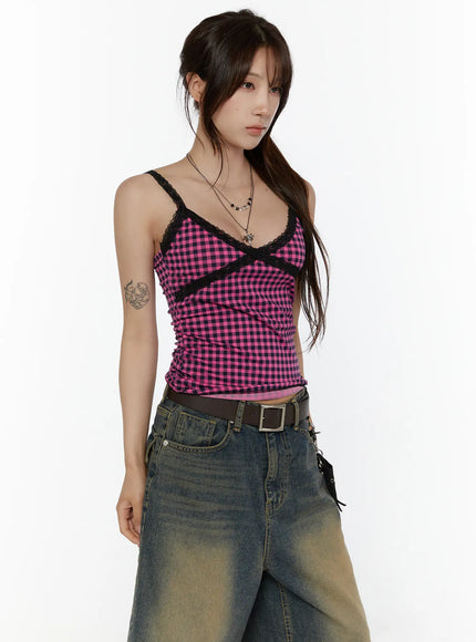 Checkered Lace Trim Tank CL508 Pink front view on model wearing hot pink gingham crop cami with black lace cross trim neckline layered necklace and vintage jeans