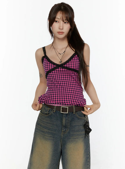 Checkered Lace Trim Tank CL508 in Pink, size S/M