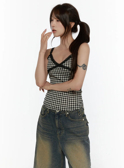 Checkered Lace Trim Tank CL508 White side-angle half-body shot on model with hand raised showing gingham lace crop cami silhouette and ruched hem detail