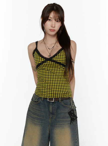 Checkered Lace Trim Tank CL508 in Yellow, size S/M