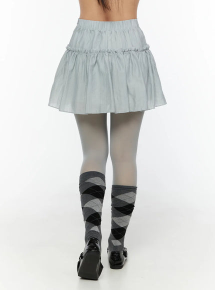 Chiffon Flare Mini Skirt CU526 Light blue back shot on model showing clean ruched waistband and flared crinkle chiffon skirt hem