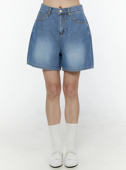 LEWKIN Classic Jorts IL506 Blue front view on model wearing white socks and shoes, high-waist washed denim shorts with contrast stitching, size S