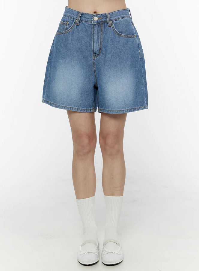 LEWKIN Classic Jorts IL506 Blue front view on model wearing white socks and shoes, high-waist washed denim shorts with contrast stitching, size S