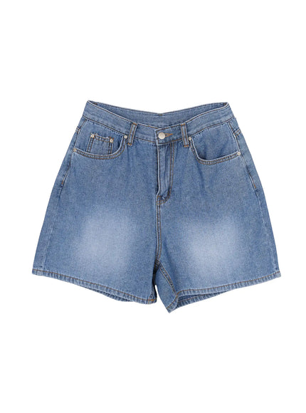 Classic Jorts IL506 Blue flat-lay front view, high-waist washed denim shorts showing five-pocket design, button closure and topstitching