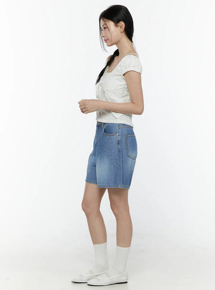 Classic Jorts IL506 Blue full-body back view on model styled with white floral top, showing back pocket placement and hem length