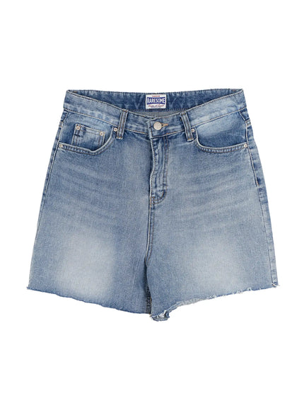 Classic Washed Jorts IU525 Blue flat-lay front view showing RARESOME waistband label, five-pocket construction, faded wash, and frayed raw cutoff hem