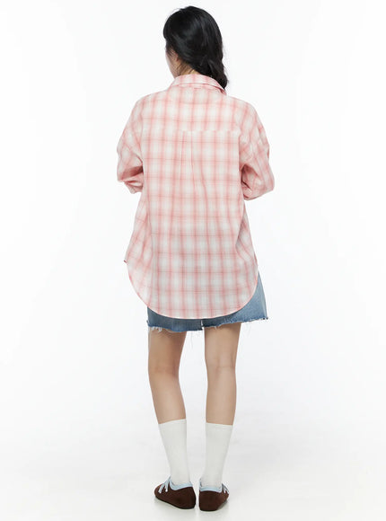 Classic Washed Jorts IU525 Blue back outfit view on model wearing pink plaid shirt showing curved hem, frayed denim shorts hem below, white crew socks