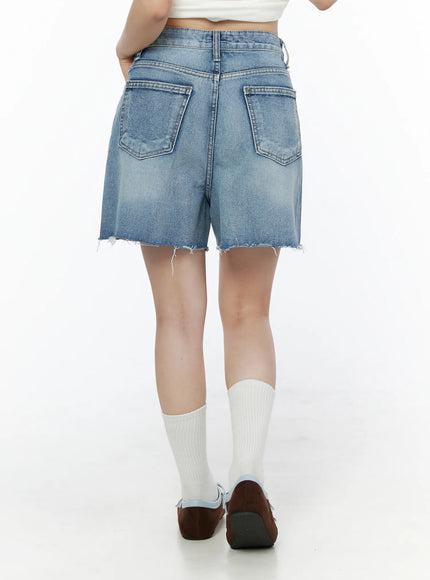 Classic Washed Jorts IU525 Blue back view close-up on model showing dual patch back pockets, stitching detail, and frayed cutoff hem with white socks