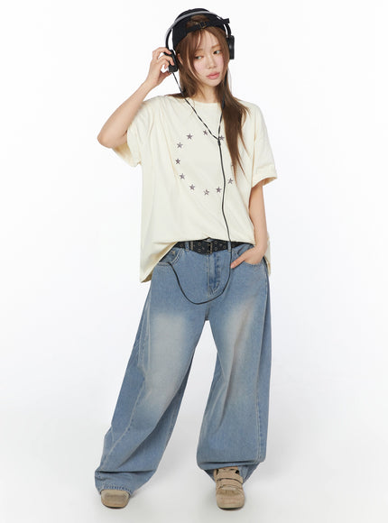 Coleen Side Pleat Baggy Jeans IL502 Blue flat-lay front view showing full-length wide-leg silhouette side pleats faded wash and five-pocket denim construction