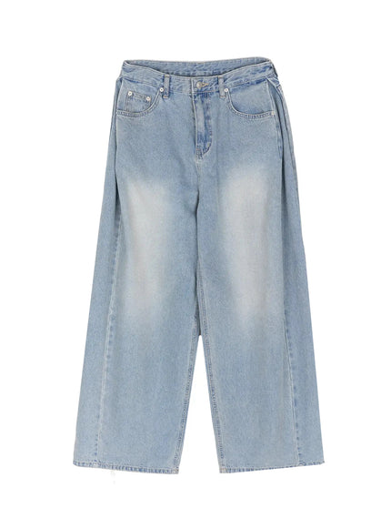 Coleen Side Pleat Baggy Jeans IL502 Blue flat-lay front showing complete wide-leg cut waistband button fly side pleat detail and light faded wash denim