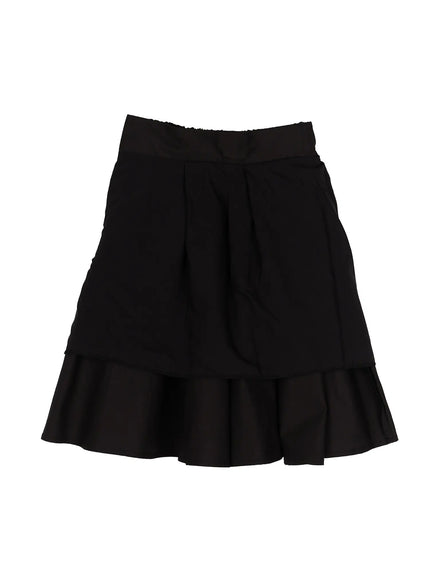 Colette A-Line Midi Skirt IL506 Black flat-lay front view showing pleated A-line silhouette elasticated waistband ruffled hem and smooth cotton fabric