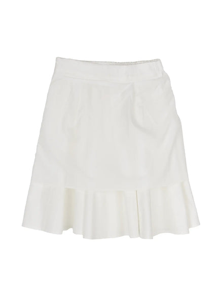 Colette A-Line Midi Skirt IL506 White flat-lay back view showing ruffled hem detail elasticated waistband and smooth cotton fabric on white background
