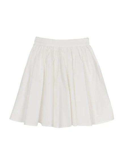 Colette A-Line Midi Skirt IL506 White flat-lay front view showing full pleated A-line silhouette with elasticated waistband and side zipper on white background