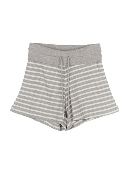 Colette Striped Banding Shorts IL506 Gray flat-lay front view showing fold-over waistband drawstring tie ribbed gray and cream horizontal stripe knit fabric and flared leg opening