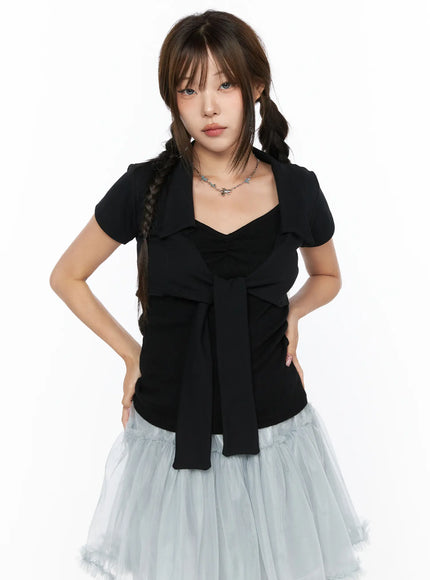 Collared Tie Short Sleeve Crop Bolero CL514 in Black, size S/M
