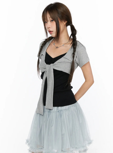 Collared Tie Short Sleeve Crop Bolero CL514 in Gray, size S/M