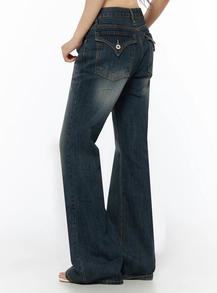 Collins Vintage Washed Bootcut Jeans IL523 Dark blue three-quarter back shot cropped showing decorative V-shaped back pocket with snap button and faded denim texture
