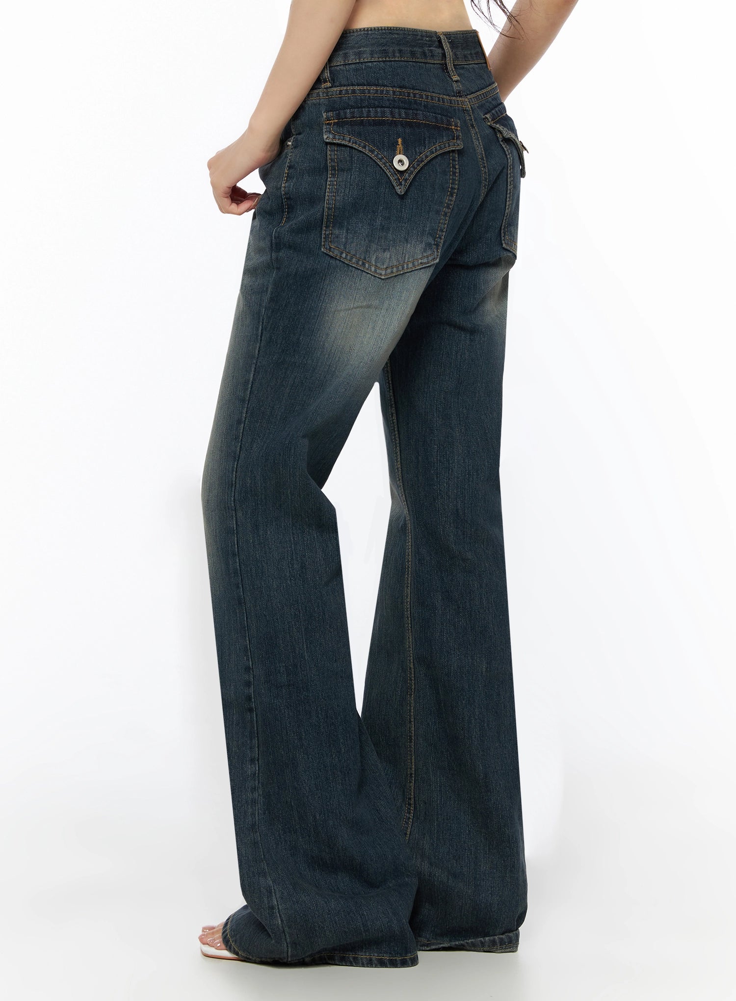 Collins Vintage Washed Bootcut Jeans IL523 Dark blue three-quarter back shot cropped showing decorative V-shaped back pocket with snap button and faded denim texture