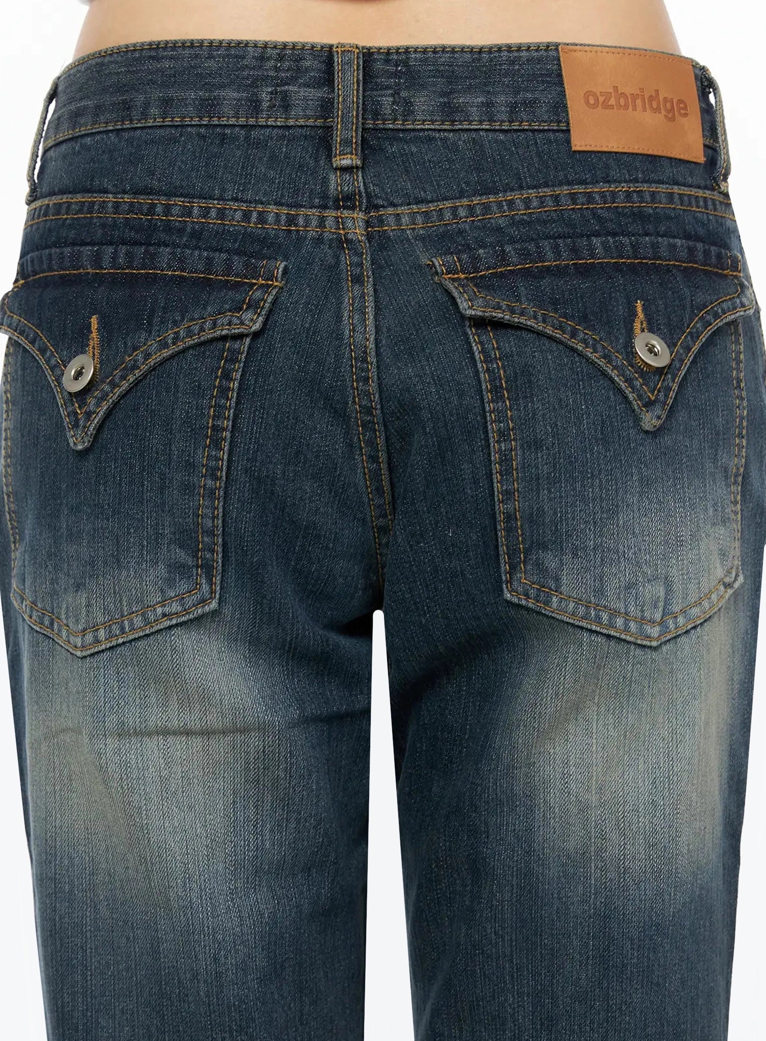 Collins Vintage Washed Bootcut Jeans IL523 Dark blue close-up back detail shot of dual arc-stitched pockets snap buttons ozbridge leather label and gold topstitching