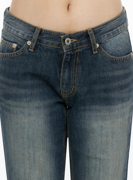 Collins Vintage Washed Bootcut Jeans IL523 Dark blue close-up detail shot of front waistband low-rise snap button fly gold stitching and pocket detail
