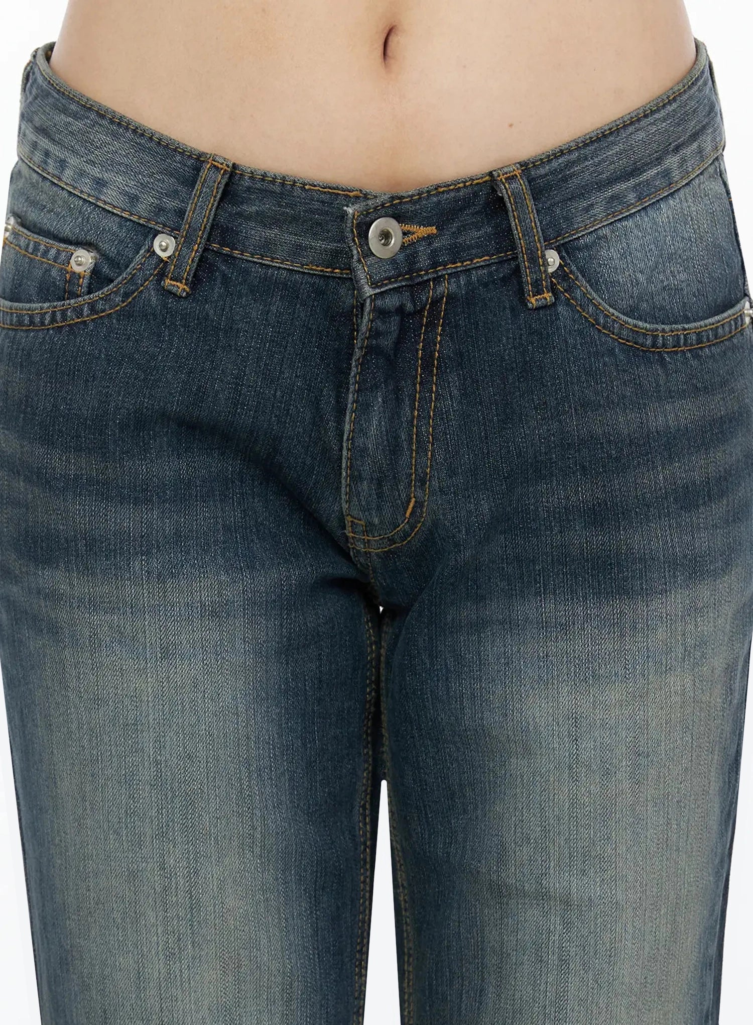 Collins Vintage Washed Bootcut Jeans IL523 Dark blue close-up detail shot of front waistband low-rise snap button fly gold stitching and pocket detail