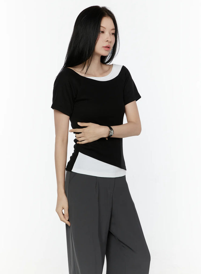 Color Contrast Asymmetric Short Sleeve Top IL506 in Black, size S/M