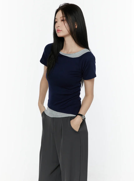 Color Contrast Asymmetric Short Sleeve Top IL506 in Dark blue, size S/M
