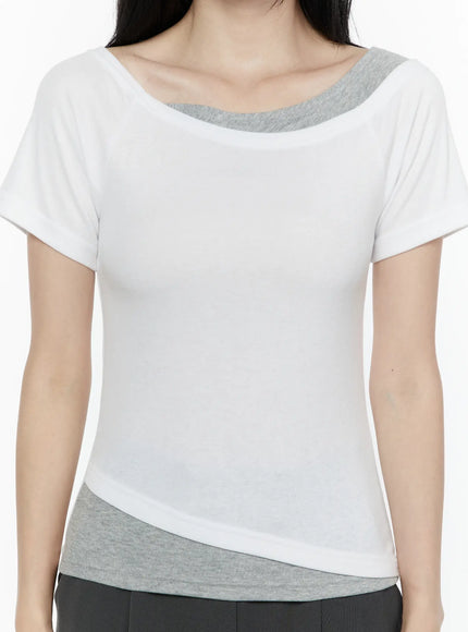 Color Contrast Asymmetric Short Sleeve Top IL506 White close-up detail shot on model highlighting gray contrast collar and asymmetric diagonal hem