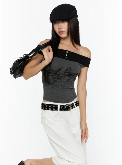 LEWKIN Color Contrast Off-Shoulder Graphic Top CU529 Dark gray S/M front model shot 3/4 angle with black baker boy cap and leather bag butterfly print striped crop top
