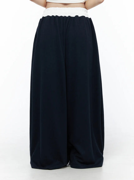 Color Contrast Wide-Leg Sweatpants IU525 Dark blue back view on model, white smocked waistband, voluminous wide-leg fabric pooling at hem
