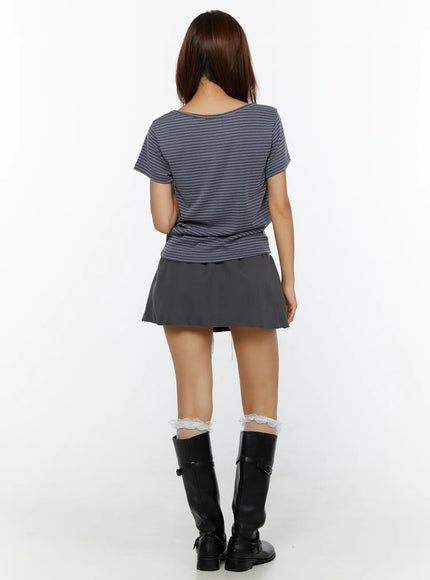 Contrast-Banded Low Rise Mini Skirt CL515 Dark gray full-body front model shot with lace choker crossbody bag and black boots styled outfit standing pose