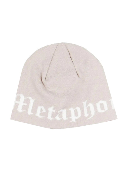 Contrast Graphic Text Reversible Beanie IL516 in Beige, size One Size