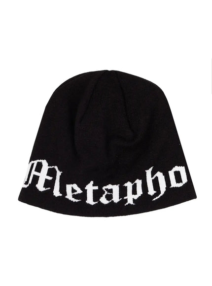 Contrast Graphic Text Reversible Beanie IL516 in Black, size One Size