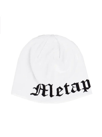 Contrast Graphic Text Reversible Beanie IL516 White product flat shot, front angle showing outside of knit beanie with black gothic Metaphor lettering along brim band