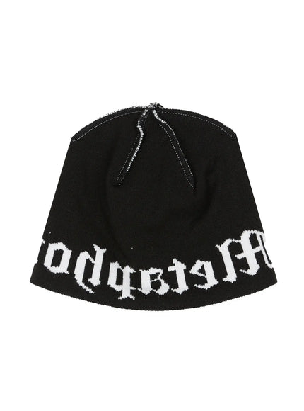 Contrast Graphic Text Reversible Beanie IL516 Black product flat shot, outside view displaying white gothic Metaphor's lettering on black knit beanie with crown seam detail