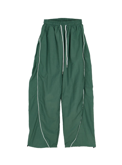 Contrast Piping Nylon Wide Pants CL523 in Green, size M/L